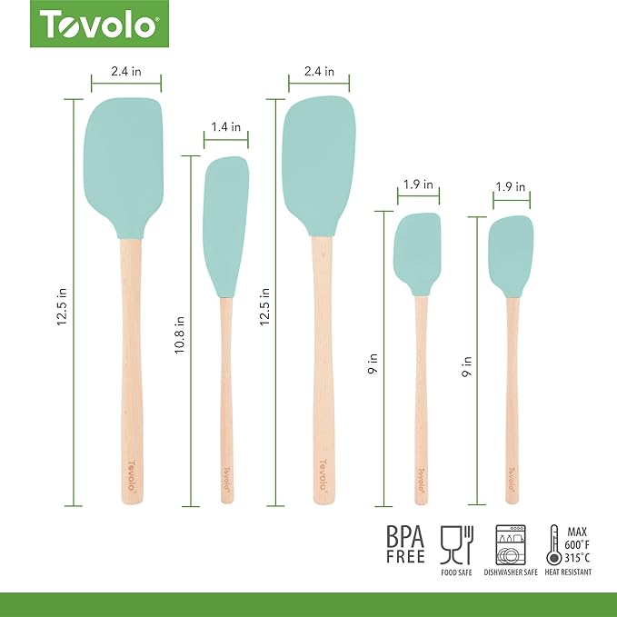 Tovolo Silicone Spatula with Wooden Handle Set of 5 Piece Silicone Kitchen Utensil Set Spoonula Jar Scraper Mini Spatula and Spoonula for Cooking Baking Mixing Folding Aqua Seafoam Green