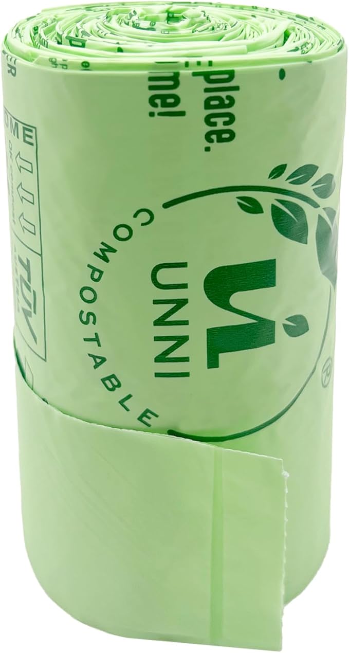 UNNI Compostable T-Shirt Bags with Tie Handles, 2.6 Gallon / 9.84 Liter, 50 Count, 0.68 mil Small Kitchen Caddy Liners, Certified by BPI, CMA & OK compost HOME, Meets ASTM D6400