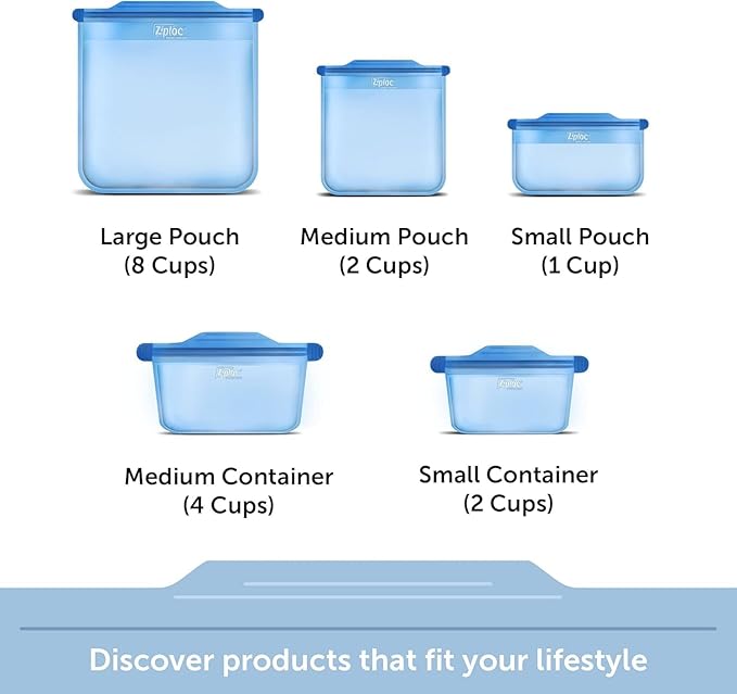 Ziploc Endurables Medium Pouch, 2 Cups, Reusable Silicone Bags and Food Storage Meal Prep Containers for Freezer, Oven, and Microwave, Dishwasher Safe