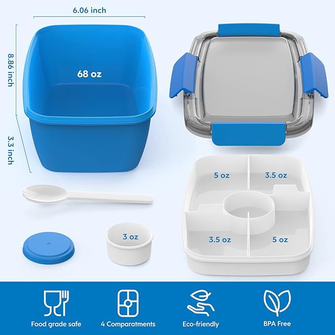 Cherrysea 2Pack Salad Lunch Container, 68oz Salad Bowls with 4 Compartments Tray,Leak Proof Lunch Box with Fork for Men,Women BPA-Free Snack Box with Sauce Container for Dressings - Blue