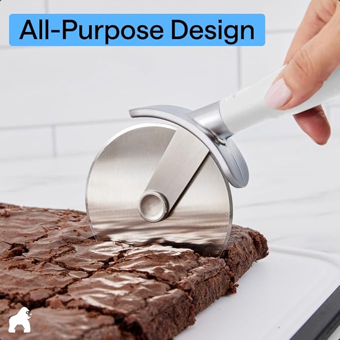 GORILLA GRIP BPA-Free Large Pizza Cutter Wheel, 9 Inch, Sharp Stainless Steel Blade, Slip Resistant Handle with Thumb Guard Protection, Slice Thick or Thin Pizzas, Pie, Pastries in Seconds, White