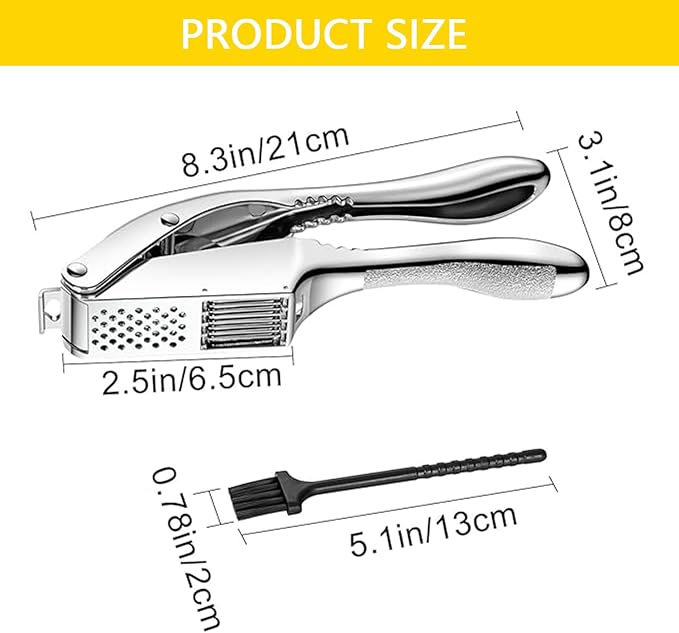 Garlic Press and Slicer 2 in 1, Rust Proof & Dishwasher Safe Professional Garlic Mincer Tool, Effortlessly Crush and Mince Garlic with this Ergonomic Handle-Garlic Slicer & Brush ANCQMI(Silver)