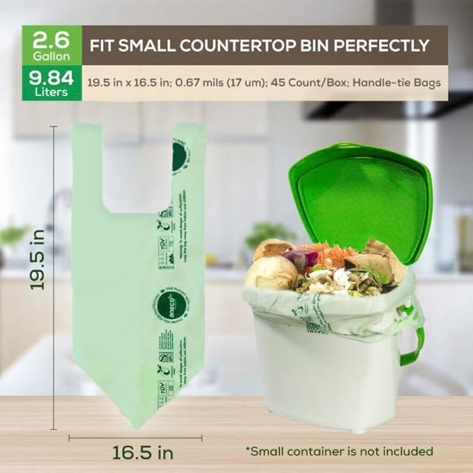 ANECO 100% Compostable Food Waste Bags 2.6 Gallon With Handles, Small Compost Bags for Countertop Bin, OK Compost HOME & BPI Certified Compostable Kitchen Food Waste Bag (45 Count)