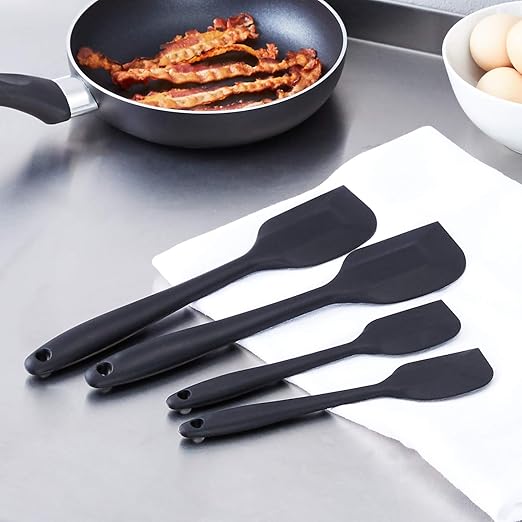 Amazon Basics Non-Stick Heat Resistant Silicone Spatula Set, Dishwasher Safe, BPA Free, Food Grade, 2 Small & 2 Large, Black, Pack of 4