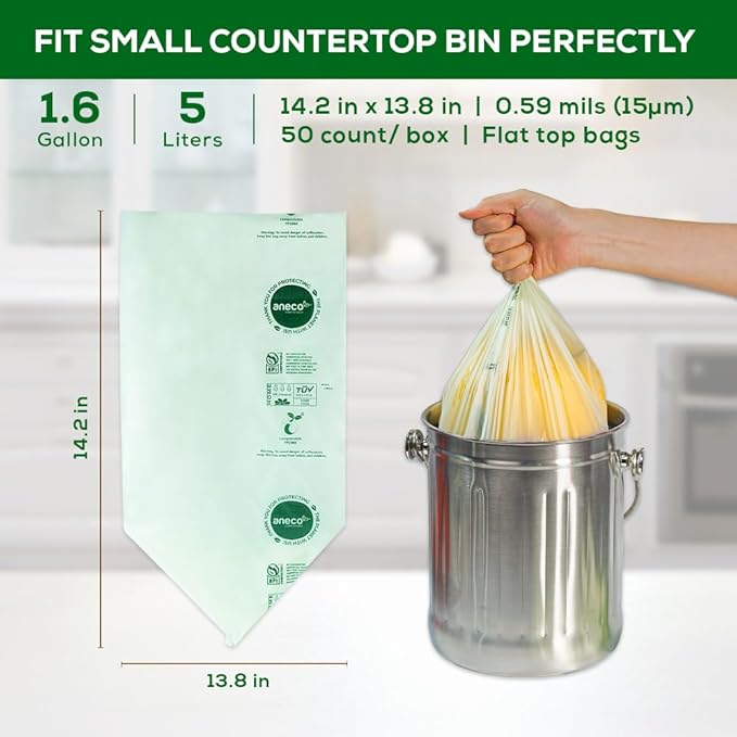 ANECO 100% Home Compostable Food Waste Bags (1.6 Gallon Trash Bags, 50 Count), Small Kitchen Compost Bags for Countertop Bin, Certified by BPI (ASTM D6400), TUV Austria & OK Compost Home