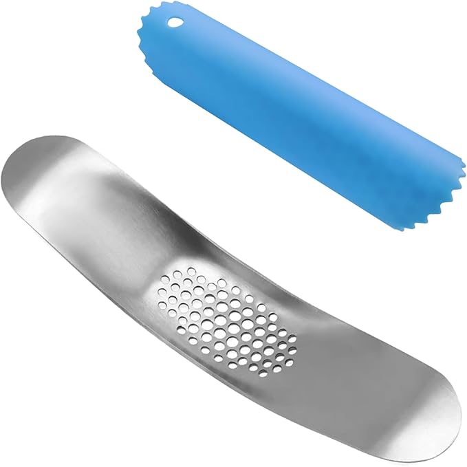 2 Piece Garlic Press Tool Set 304 Stainless Steel Garlic Mincer with Silicone Peeler Kitchen Gadgets for Easy Peeling and Mincing Durable Dishwasher Safe