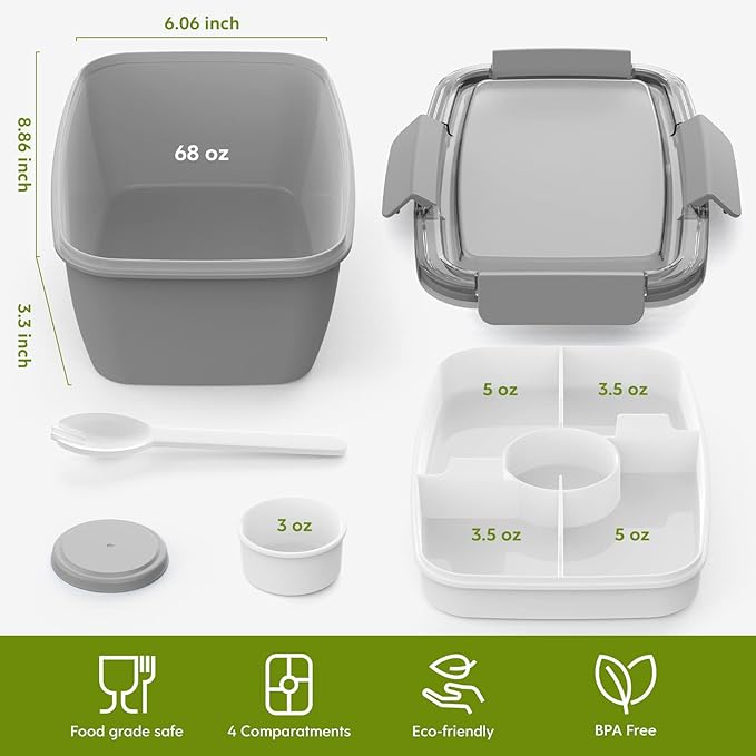 Cherrysea 2Pack Salad Lunch Container, 68oz Salad Bowls with 4 Compartments Tray,Leak Proof Lunch Box with Fork for Men,Women BPA-Free Snack Container with Sauce Container for Dressings-Grey