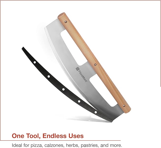 FibraMent® 16" Pizza Cutter Rocker – Stainless Steel Blade with Wood Handle & Cover, Professional Half Moon Pizza Slicer Knife for Pizzas, Pastries & More –Durable, Easy to Clean, Premium Kitchen Tool