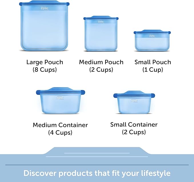 Ziploc Endurables Medium Pouch, 2 Cups, Reusable Silicone Bags and Food Storage Meal Prep Containers for Freezer, Oven, and Microwave, Dishwasher Safe, 2 Pack