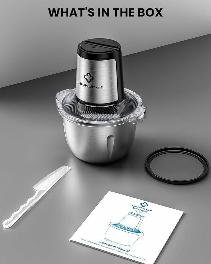 LINKChef Food Processor Small, 6 Cup Food Chopper with Container, 1.5L 250W Electric Meat Grinder for Home Use, Stainless Steel Mini Food Processor for Kitchen, Vegetable, Onion, Garlic, Salad