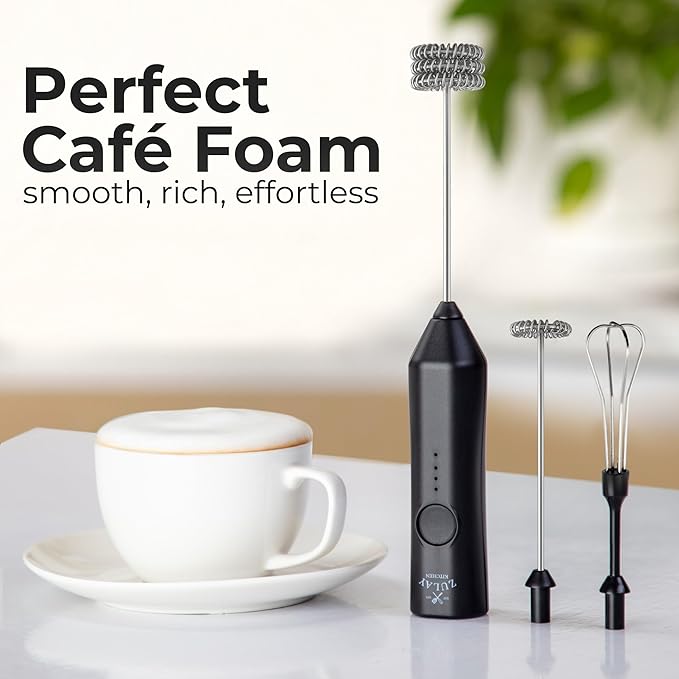Zulay Kitchen Rechargeable Milk Frother - Dynamic - 3 Speeds, 3 Whisk Attachments, 500 mAh USB Charging, Drink Mixer For Latte, Cappuccino, Matcha, Protein Powder, Coffee Foam - Black