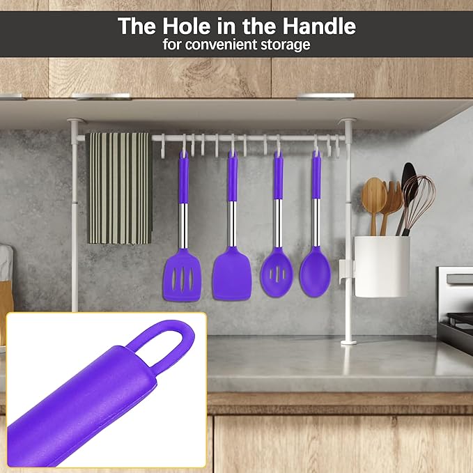 Silicone Spatula Spoon Set, 4 PCS Silicone Cooking Utensils Spatula Spoon Set with Stainless Steel Handle, BPA Free Kitchen Turners for Frying, Mixing, Serving, Draining, Turning, Stirring, Purple
