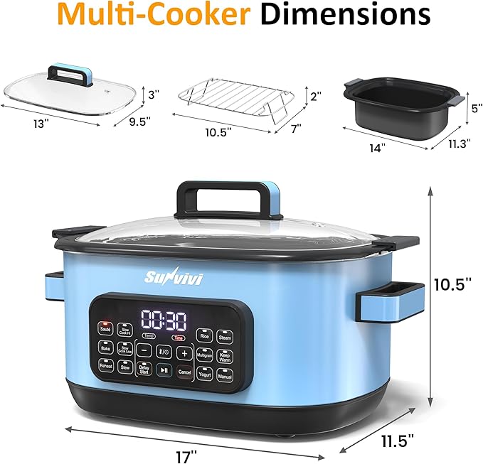 Sunvivi 12-in-1 Multi Slow Cooker Roaster Oven, 6.5QT Sliver Digital Programmable Slow Cooker with Rack, Large Removable Nonstick Crock, Glass Lid, Multicooker with Timer Temp Control, Blue