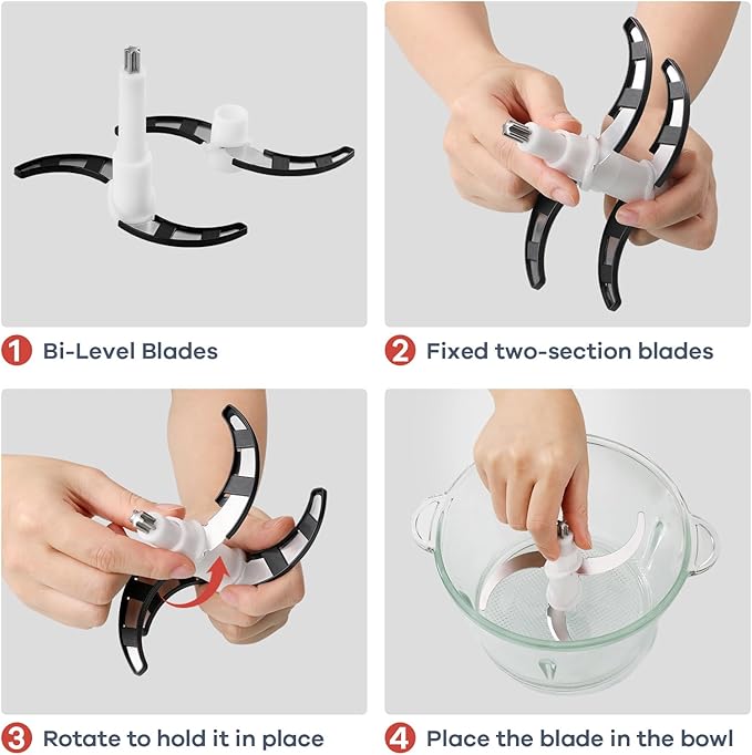 Ganiza Food Processor, 2-Speed Food Chopper Meat Grinder with 8 Cup Stainless Steel & 8 Cup Glass Bowls, Upgraded Button & Smart Overheat Protection Light - Includes Clean Brush, 2 Sets of Blades