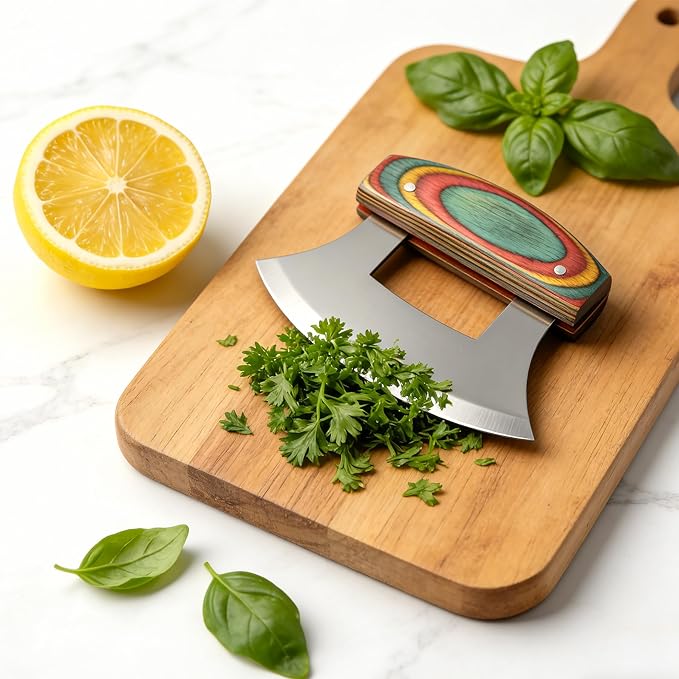 Ulu Knife, Sharp Rocker Mezzaluna Knife with Wooden Stand for Salad, Vegetables, Pizza Cutter Rocker, Mezzaluna Chopper, Super Sharp Blade, Multicolor
