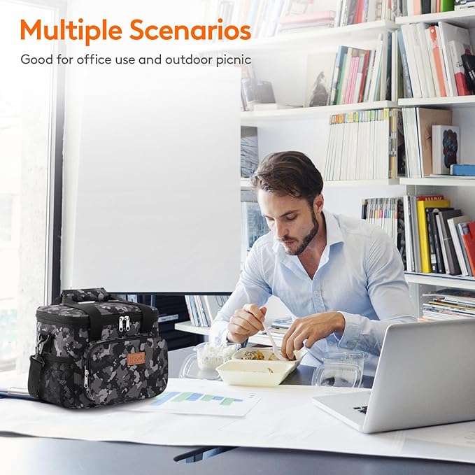 Lifewit Medium Lunch Bag Insulated Lunch Box Soft Cooler Cooling Tote for Adult Men Women, Black Camo 12-Can (9L)