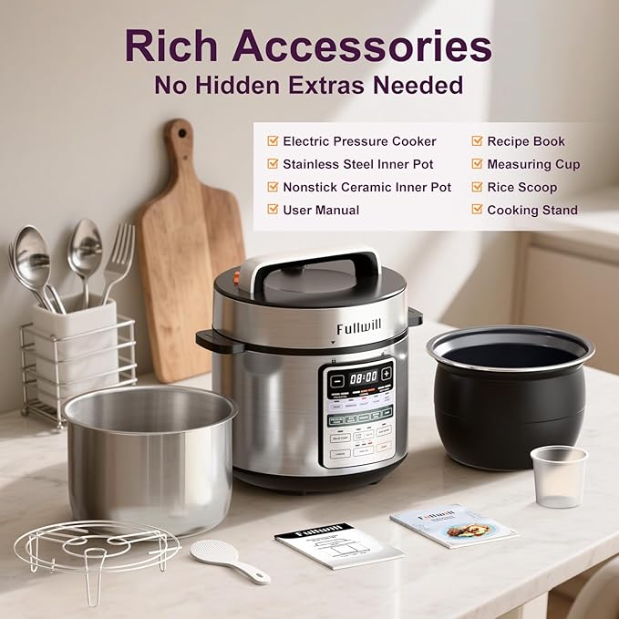 Fullwill Dual-Pot Electric Pressure Cooker 6+5QT(2026 Upgraded), 12-in-1 Multi-Cooker for Pressure Cooking, Soup, Yogurt, Stew, Rice