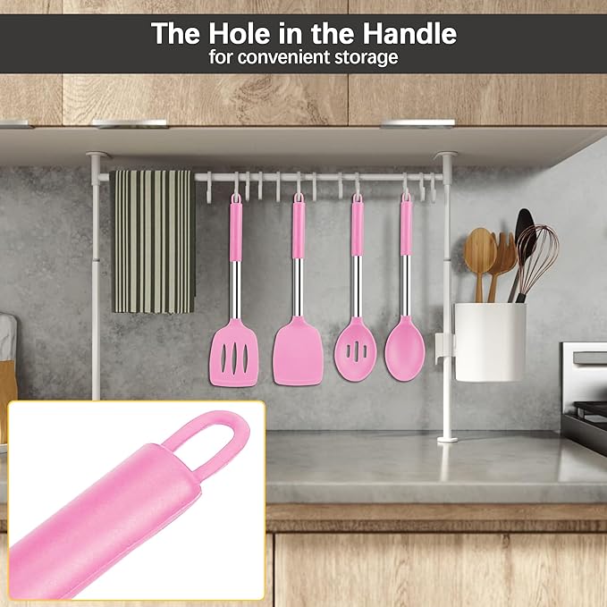 Silicone Spatula Spoon Set, 4 PCS Silicone Cooking Utensils Spatula Spoon Set with Stainless Steel Handle, BPA Free Kitchen Turners for Frying, Mixing, Serving, Draining, Turning, Stirring, Pink
