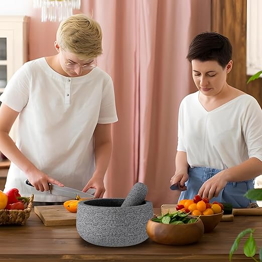 Portable Mortar and Pestle Set - 6.5 Inch 3.5-Cup Molcajete Mortar Manual Stone Grinder Unpolished Granite Bowl for Grinding Spices and Avocado Sauce