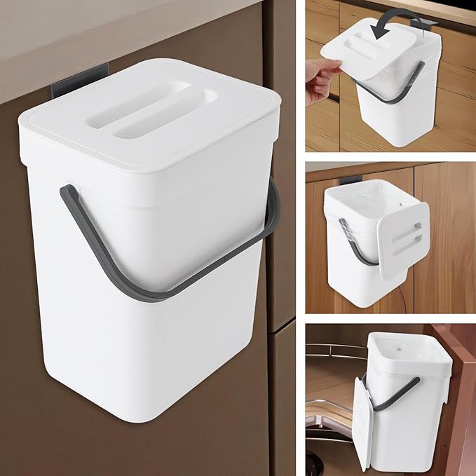 Compost Bin Kitchen, Includes 100 Trash Bags, Hanging Trash Can with Lid, Features Pet-Proof, Odor-Proof, and Quiet Opening/Closing. Suitable for Bathrooms/Bedrooms/Offices (White, 1.3Gal/5L)