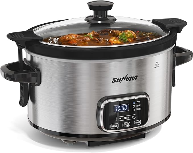 Sunvivi 4QT Programmable Slow Cooker with Locking Lid, Removable Ceramic Pot, 3 Heating Settings & Timer, Dishwasher-Safe, Stainless Steel