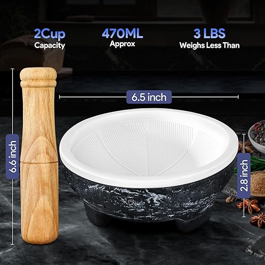 No Rock Powder 2 Cup Mortar and Pestle Set with Silicone Covers, 6.5 Inch World's 1st Lightweight Molcajete Mexicano with Grinding Ridge, High Efficiency for Guacamole, Spice and Herb, Gift