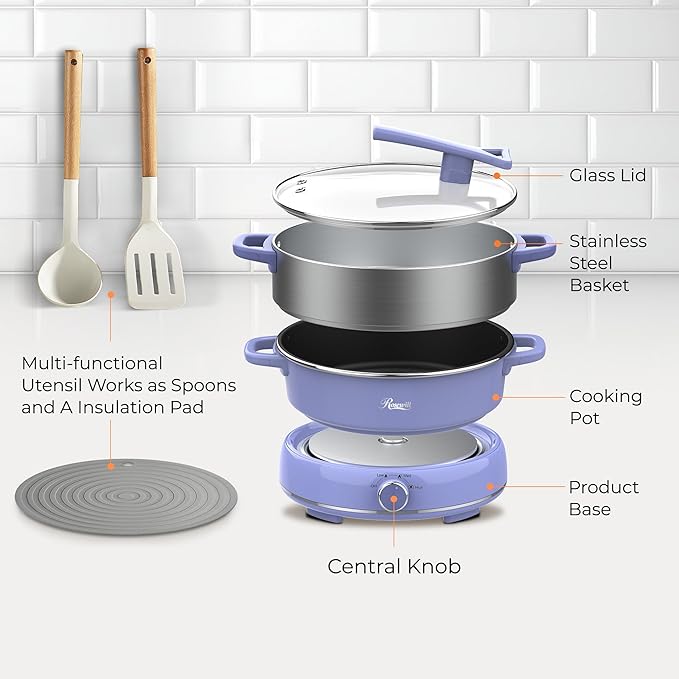 Rosewill 12.7 QT Electric Hot Pot Slow Cooker with Multiple Functions, Split Design with 11.8 inch Wider Cooking Pot and SUS Steam Basket, 1600W High Power, Includes Utensils - Iris