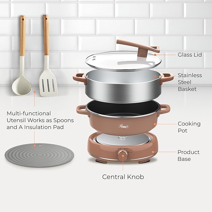 Rosewill 12.7 QT Electric Hot Pot Slow Cooker with Multiple Functions, Split Design with 11.8 inch Wider Cooking Pot and SUS Steam Basket, 1600W High Power, Includes Utensils - Mocha