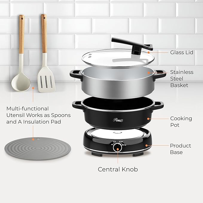 Rosewill 12.7 QT Electric Hot Pot Slow Cooker with Multiple Functions, Split Design with 11.8 inch Wider Cooking Pot and SUS Steam Basket, 1600W High Power, Includes Utensils - Black