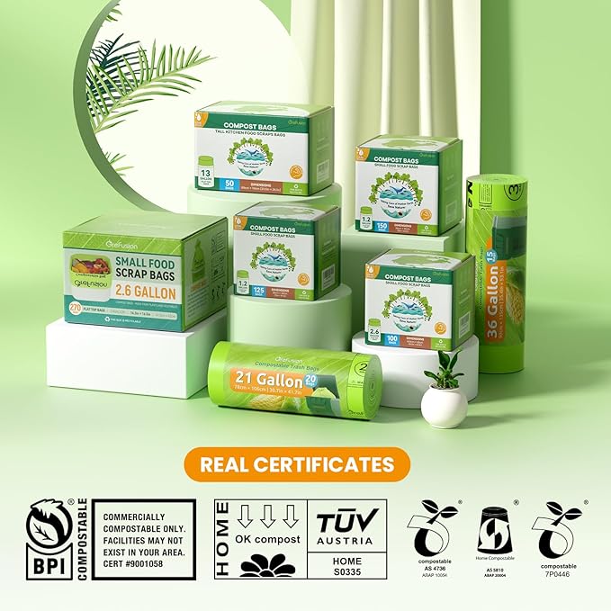 GreFusion Compostable 36 gallon Trash Bags, Extra Thick 1.28 Mills, Compost 36 Gal Trash Bags (Kitchen Tall Garbage Bags), Compostable Lawn & Leaf Yard Waste bags,ASTM D6400,Bpi Certified
