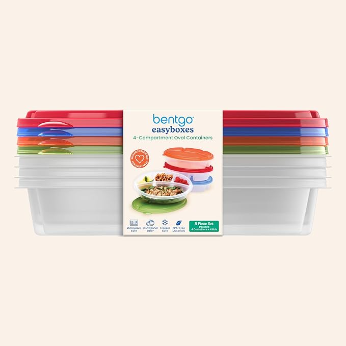 Bentgo Easyboxes 4-Compartment Oval Containers - Patented Design 8-Piece Set; 4 Trays & 4 Fitted Lids Seal in Freshness; Reusable Food Storage & Meal Prep BPA-Free Containers (Classic)