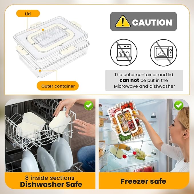 (2Pcs)Divided Serving Tray with Lid,Snackle Box Container with Lid,Snack Box Container with Cutlery Storage,8 Fruit Forks,2Spoons,Fruit Tray,Portable Snack Organizer,8 Compartments snack tray with lid