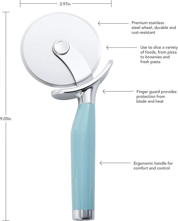 KitchenAid Classic Pizza Wheel with Sharp Blade For Cutting Through Crusts, Pies and More, Built In Finger Guard for Safety and Comfort Grip to Protect Fingers, Dishwasher Safe, 9-Inch, Aqua Sky