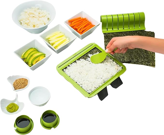 SushiQuik Plus Sushi Making Kit with Rice Frame, Rice Paddle, Rolling Mat, Roll Cutter, Base, Soy Sauce Caps, Onigiri Molds, and Chopsticks - Sushi Kit for Beginners and Kids