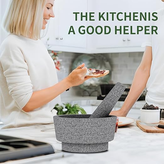 Mortar and Pestle - Unpolished Granite Bowl Grind Spices, Family Day Avocado Sauce Mortar and Pestle 7.1 Inch 5.5 Cup Molcajete Mexican Mortar Manual Stone Grinder