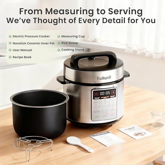 Fullwill 8QT Electric Pressure Cooker Max, 1200W Fast Cooking, 12-in-1 Multi-Use Programmable with Ceramic Non Stick Pot for Sautรฉ, Slow Cook, Steam, Yogurt, Ideal for Family Meals & Gatherings
