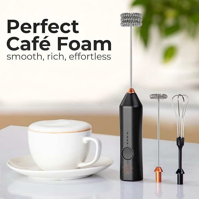 Zulay Kitchen Rechargeable Milk Frother - Dynamic - 3 Speeds, 3 Whisk Attachments, 500 mAh USB Charging, Drink Mixer For Latte, Cappuccino, Matcha, Protein Powder, Coffee Foam - Black Copper