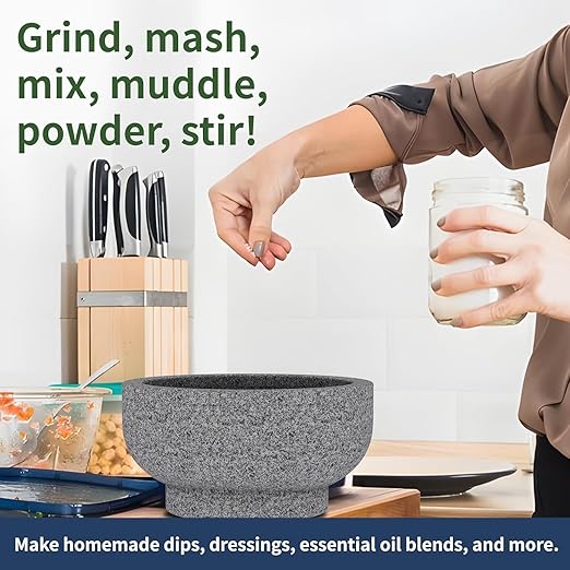 Large Mortar and Pestle - Double Sided Stone Mortar Unpolished Granite Bowl 6.5 Cups 8.5 Inch for Grinding Spices, Salsa Sauce, Avocado Sauce Molcajete Bowl