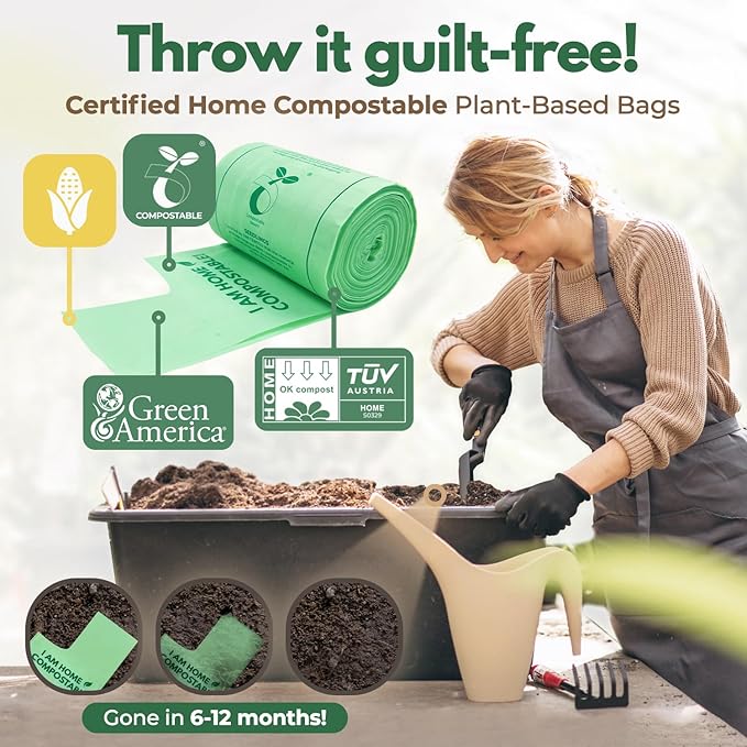 Compostable Kitchen Trash Bags 13 Gal - Cornstrarch Leakproof & Tear Resistant 50 Compost Bags - OK Compost Home & Seedling Certified 0.25 mm Kitchen Garbage Bags