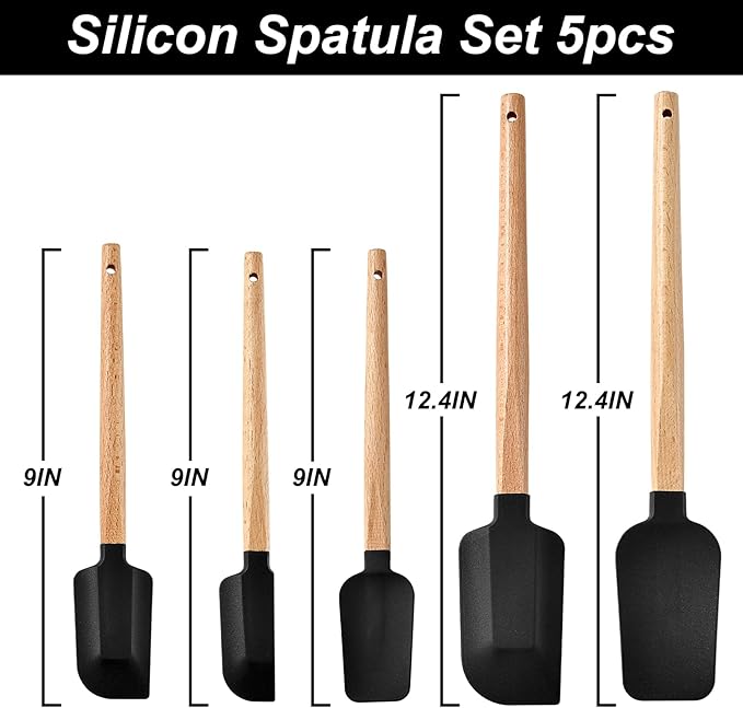 Black Silicone Spatula Set, Food Grade Rubber Spatula-5 Piece Nonstick Rubber Spatulas, Spoonula, Jar Scraper for Cooking, Baking, Mixing, Frosting