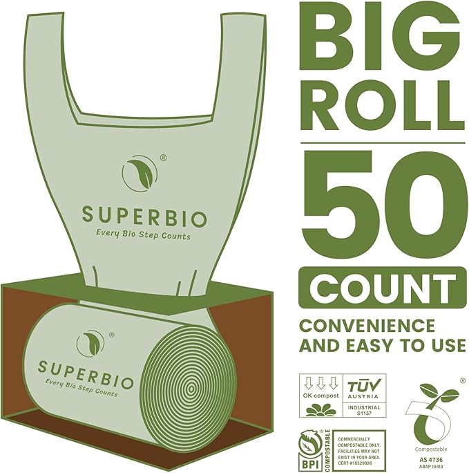 SUPERBIO 1.6 Gallon Handle Tie Compostable Food Scrap Bags, Small Compost Bags with Handles, 50 Count, 2 Pack, BPI & OK compost INDUSTRIAL
