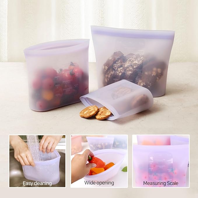 Reusable Silicone Food Storage Bags (Set of 3) โ Leakproof Zip Seal, BPA-Free, Freezer & Microwave Safe โ for Meal Prep, Snacks, Fruits, and More (Purple Set)