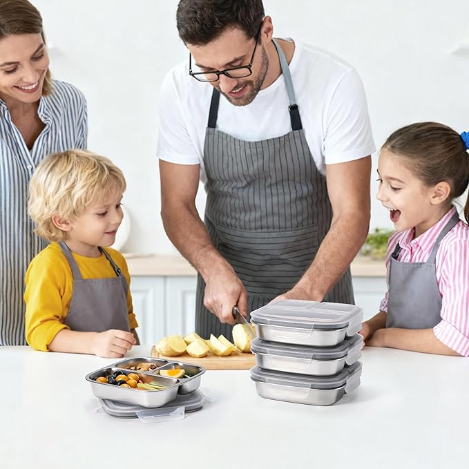 2 Pack Stainless Steel Snack Containers with Lids 3 Compartment Snackle Box Container Lunch Box for Adults Meal Prep Bento Box Containers Reusable Work (2, Gray, 600ml)