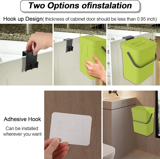 Compost Bin Kitchen, Includes 100 Trash Bags, Hanging Trash Can with Lid, Features Pet-Proof, Odor-Proof, and Quiet Opening/Closing. Suitable for Bathrooms/Bedrooms/Offices (Green, 0.8Gal/3L)