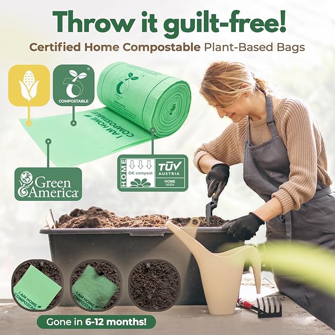 Compostable Kitchen Trash Bags 8 Gal - Cornstrarch Leakproof & Tear Resistant 100 Compost Bags - OK Compost Home & Seedling Certified 0.22 mm Kitchen Garbage Bags