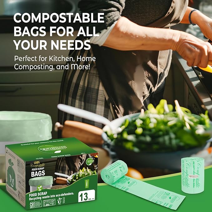 Compostable Trash Bags, 13 Gallon / 49.2 Liter, 45 Count, Extra Thick 0.9 Mil Tall Kitchen Food Scrap Bin Liners, Certified by BPI, CMA & OK compost HOME