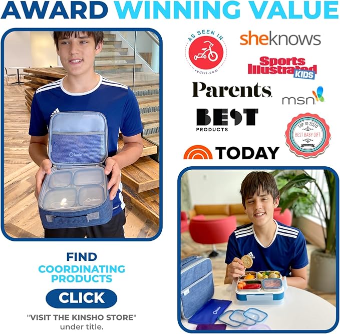 Stainless Steel Bento Lunch Box Set for Adults, Kids - Insulated Bag and Ice Pack - Leak-Proof Metal Compartment Meal Prep Food & Snack Containers for Work Travel School Daycare, 36 oz Navy Blue