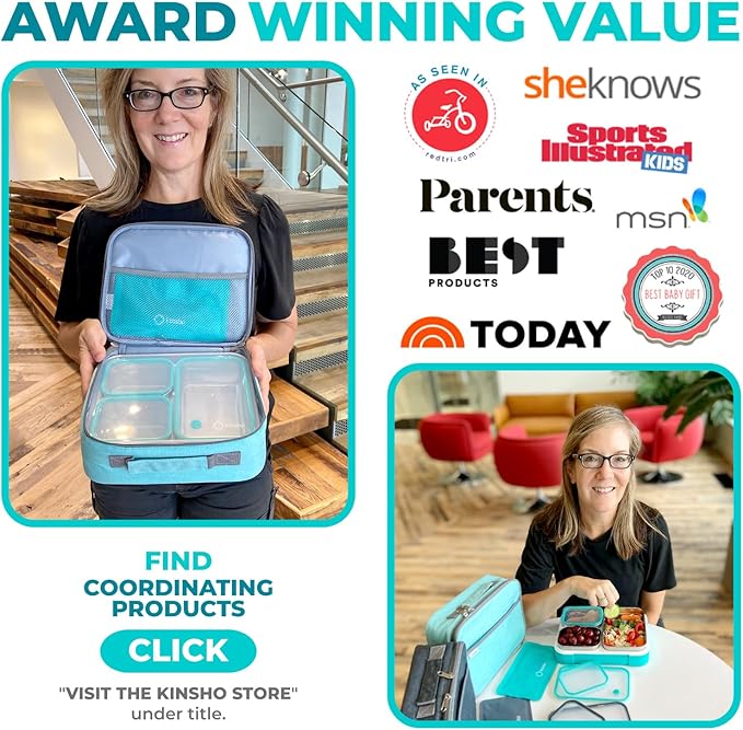 Stainless Steel Bento Lunch Box Set for Adults, Kids - Insulated Bag and Ice Pack - Leak-Proof Metal Compartment Meal Prep Food & Snack Containers for Work Travel School Daycare, 42 oz Teal Blue