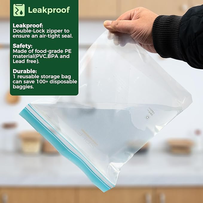 SPLF 20 Pack Reusable Half Gallon Freezer Bags Dishwasher Microwave Safe, 1/2 Gallon BPA Free Leakproof Food Storage Bags, Silicone Free Containers for Meal Prep, Fridge Kitchen Organization