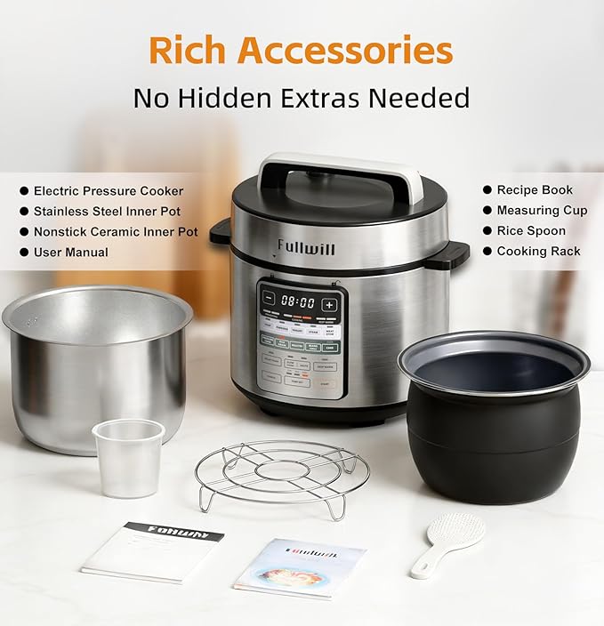 Fullwill Dual-Pot Electric Pressure Cooker,12-in-1 Multi Cooker with 6QT Stainless Steel & 5QT Ceramic Pot,Olla de Presion for Pressure,Rice,Meat Stew,Yogurt Maker